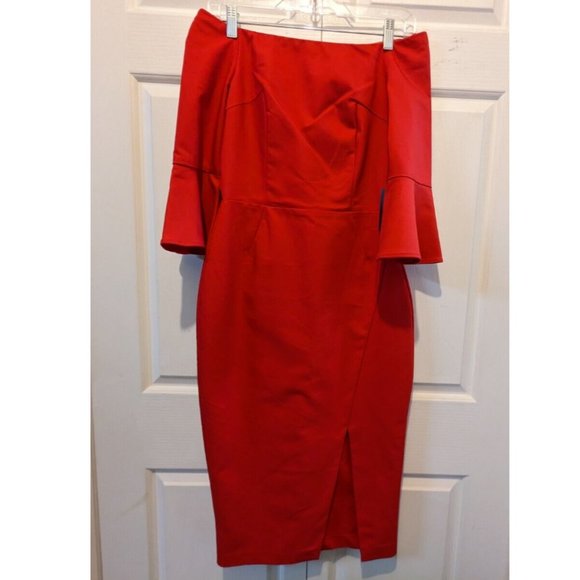 Zara Simple Red Off The Shoulder Pencil Dress with Bell Sleeves Size XS NEW! - Picture 4 of 16